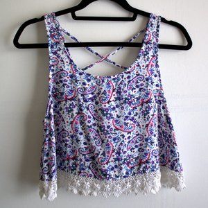 Paisley Crop Top with Lace Trim & Cross-Hatch Back